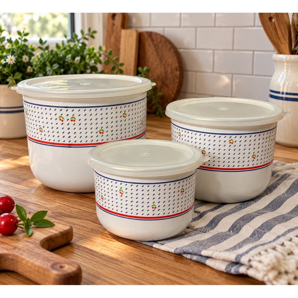 Vintage Fuji Enamel Japan Cherry Nesting Storage Bowls Set of 3 White Enamelware